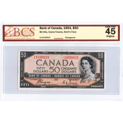 $50 1954 Bank of Canada Note Devil Face BC-34a - BCS EF-45