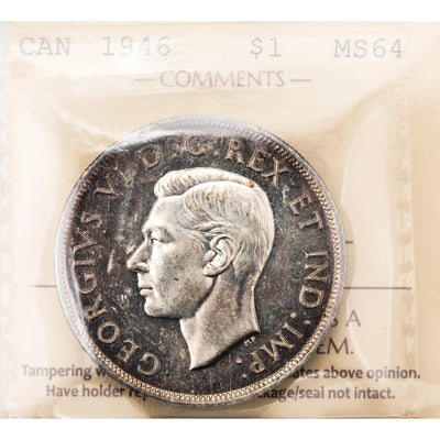 SOLD Canada 1946 $1 Silver Dollar Coin - ICCS MS-64