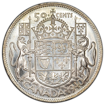 Canada 1940 50 Cents Half Dollar Silver Coin - Choice Uncirculated