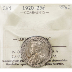 SOLD Canada 1920 25 Cents Quarter Silver Coin - ICCS EF-40