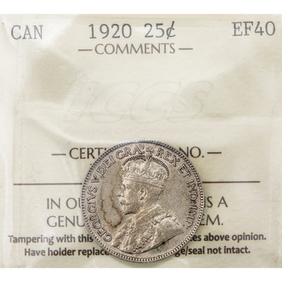 Canada 1920 25 Cents Quarter Silver Coin - ICCS EF-40