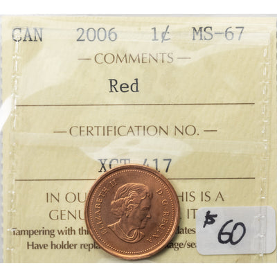 SOLD Canada 2006 1 Small Cent Coin - ICCS MS-67 Red