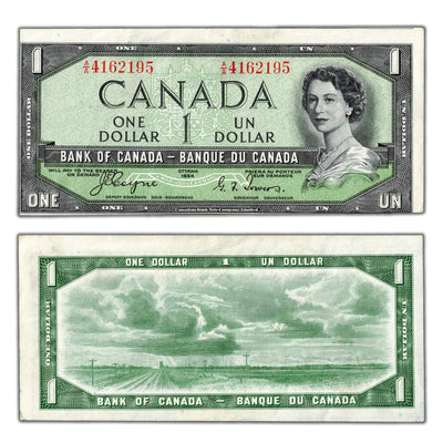 $1 1954 Bank of Canada Note Devil Face A/A Prefix BC-29a - Light Cutting Error