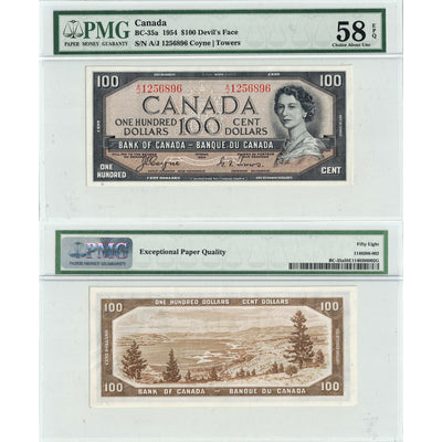 $100 1954 Bank of Canada Note Devil Face BC-35a - PMG AU-58 EPQ