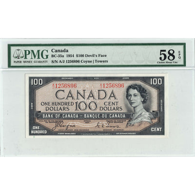 $100 1954 Bank of Canada Note Devil Face BC-35a - PMG AU-58 EPQ
