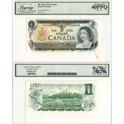 $1 1973 Bank of Canada Note FF Prefix Cutting Error BC-46a - Legacy EF-40 PPQ