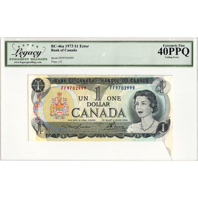 $1 1973 Bank of Canada Note FF Prefix Cutting Error BC-46a - Legacy EF-40 PPQ