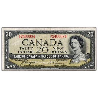 $20 1954 Bank of Canada Note Devil Face B/E Prefix BC-33a - F/VF