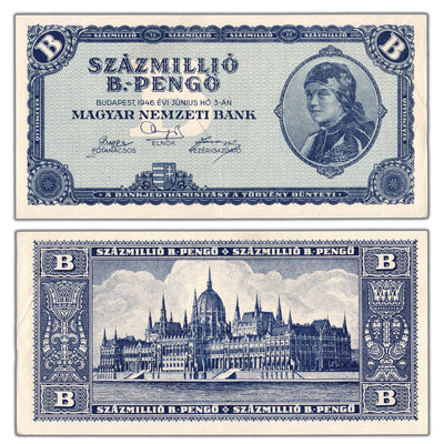 SOLD Hungary 1946 100,000,000 B-Pengo Hyperinflation Note P #136 - EF+