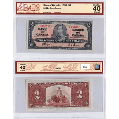 SOLD $2 1937 Bank of Canada Note Coyne-Towers C/R Prefix BC-22c - BCS EF-40