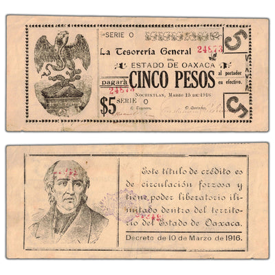 Mexico La Tesoreria General 1916 5 Five Pesos Note - VF+