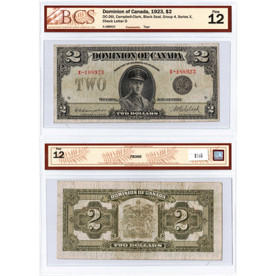 SOLD $2 1923 Dominion of Canada Note Black Seal Series X DC-26l - BCS F-12