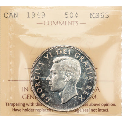 Canada 1949 50 Cents Half Dollar Silver Coin - ICCS MS-63
