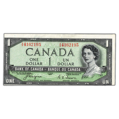 $1 1954 Bank of Canada Note Devil Face A/A Prefix BC-29a - Light Cutting Error