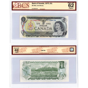 SOLD $1 1973 Bank of Canada Note Crow-Bouey ALY Prefix BC-46b - BCS UNC-62