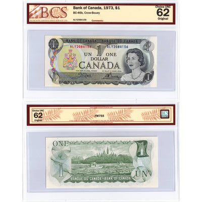 SOLD $1 1973 Bank of Canada Note Crow-Bouey ALY Prefix BC-46b - BCS UNC-62