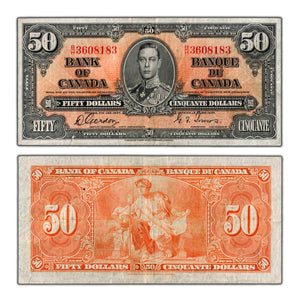 SOLD $50 1937 Bank of Canada Note Gordon-Towers B/H Prefix BC-26b - F/VF (small edge tear)