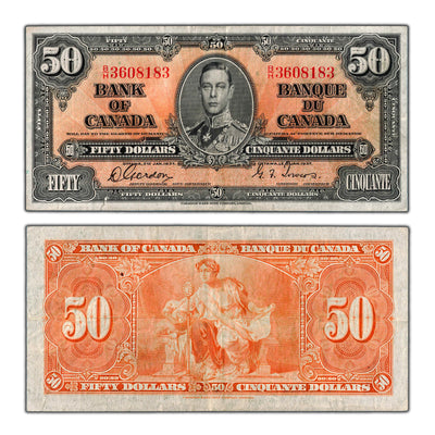 SOLD $50 1937 Bank of Canada Note Gordon-Towers B/H Prefix BC-26b - F/VF (small edge tear)