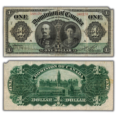 SOLD $1 1911 Dominion of Canada Note Green Line Series F DC-18b - Missing Corner Tip