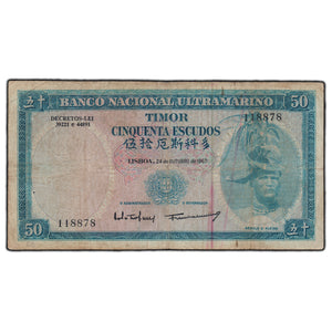 SOLD Portugal Timor 1967 50 Escudos Note P #27a - Pinholes
