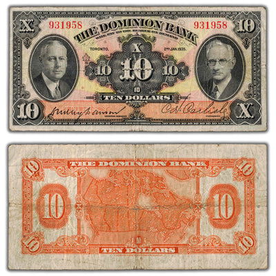 SOLD $10 1935 Dominion Bank Canada Chartered Note CH #220-26-04