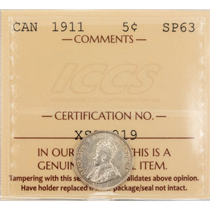 SOLD Canada 1911 5 Cents Specimen Strike Silver Coin - ICCS SP-63