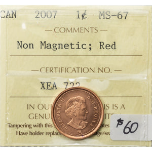 SOLD Canada 2007 Non Magnetic 1 Small Cent Coin - ICCS MS-67 Red