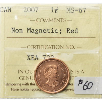 SOLD Canada 2007 Non Magnetic 1 Small Cent Coin - ICCS MS-67 Red