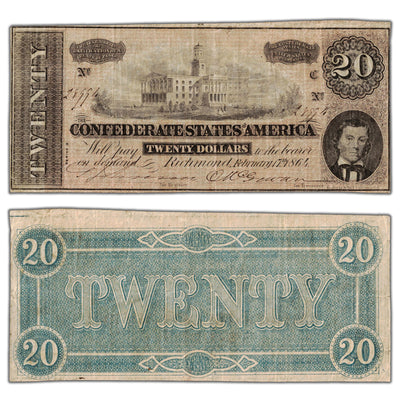 United States 1864 Confederate States of America $20 Twenty Dollars Note - VF