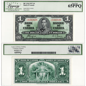SOLD $1 1937 Bank of Canada Note Coyne-Towers H/N Prefix BC-21d - Legacy UNC-65 PPQ