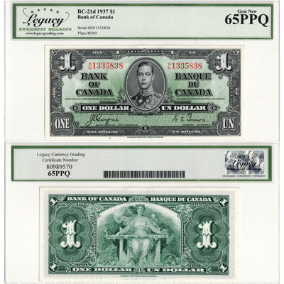 SOLD $1 1937 Bank of Canada Note Coyne-Towers H/N Prefix BC-21d - Legacy UNC-65 PPQ