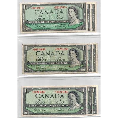Lot of 9 $1 1954 Bank of Canada Replacement *B/M Prefix - All Circulated Grades
