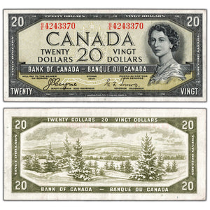 SOLD $20 1954 Bank of Canada Note Devil Face B/E Prefix BC-33a - VF/EF