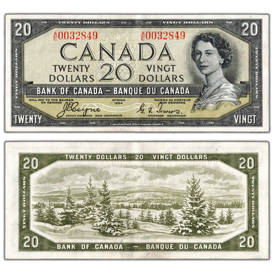 SOLD $20 1954 Bank of Canada Note Devil Face A/E Prefix BC-33a - EF/AU