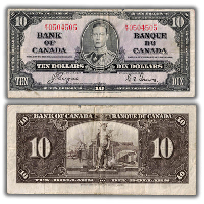 $10 1937 Bank of Canada Note Coyne-Towers K/T Prefix BC-24c - F/VF