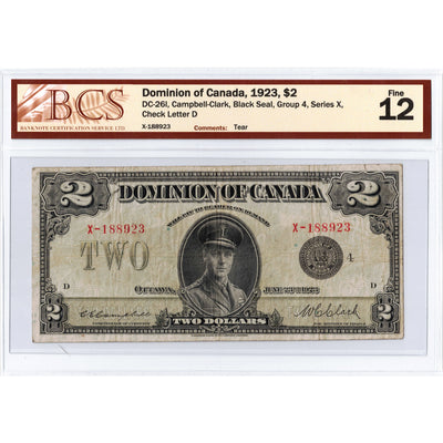 SOLD $2 1923 Dominion of Canada Note Black Seal Series X DC-26l - BCS F-12