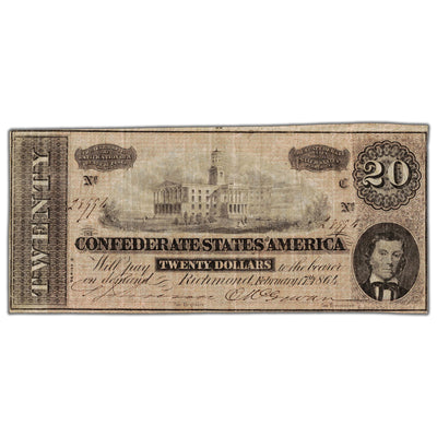 United States 1864 Confederate States of America $20 Twenty Dollars Note - VF