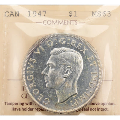 SOLD Canada 1947 Blunt 7 $1 Silver Dollar Coin - ICCS MS-63