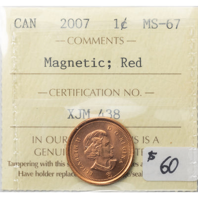 SOLD Canada 2007 Magnetic 1 Small Cent Coin - ICCS MS-67 Red