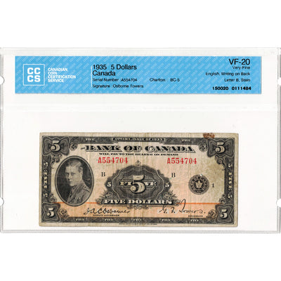 SOLD $5 1935 Bank of Canada Note English Text BC-5 - CCCS VF-20 (writing/stain)