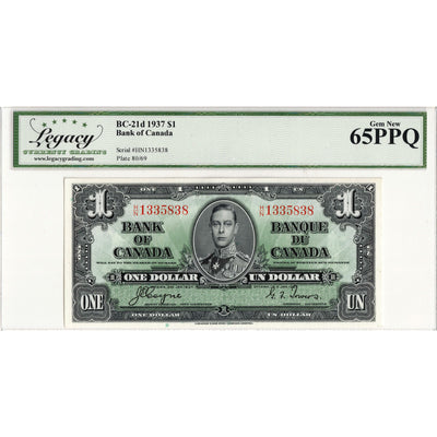 SOLD $1 1937 Bank of Canada Note Coyne-Towers H/N Prefix BC-21d - Legacy UNC-65 PPQ