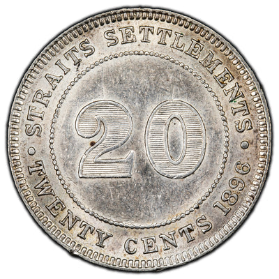 Straits Settlements 1896 20 Cents Silver Coin - AU