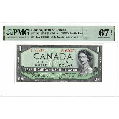 SOLD $1 1954 Bank of Canada Note Devil Face L/A Prefix BC-29b - PMG Gem UNC-67 EPQ