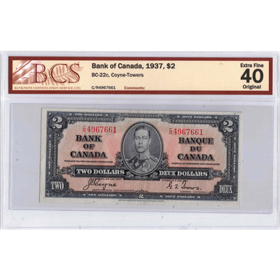 SOLD $2 1937 Bank of Canada Note Coyne-Towers C/R Prefix BC-22c - BCS EF-40