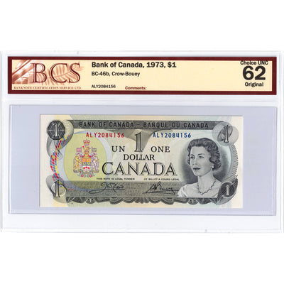 SOLD $1 1973 Bank of Canada Note Crow-Bouey ALY Prefix BC-46b - BCS UNC-62