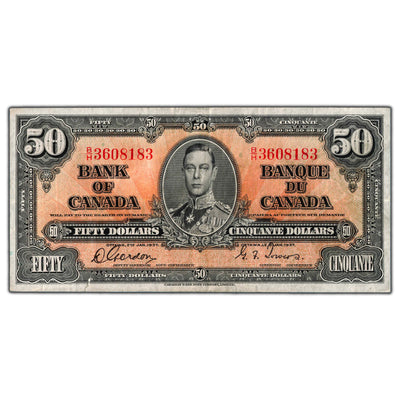 SOLD $50 1937 Bank of Canada Note Gordon-Towers B/H Prefix BC-26b - F/VF (small edge tear)