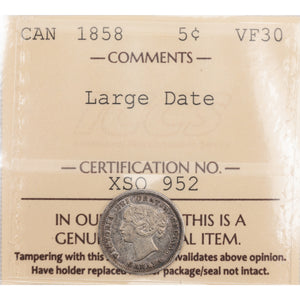 SOLD Canada 1858 Large Date 5 Cents Silver Coin - ICCS VF-30