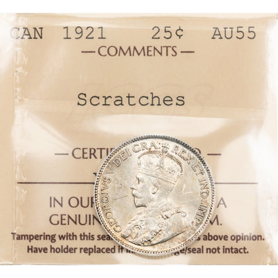 Canada 1921 25 Cents Quarter Silver Coin - ICCS AU-55 (scratches)