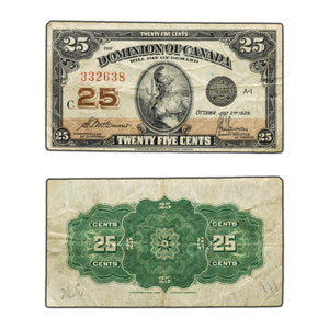 SOLD 25 Cents 1923 Dominion of Canada Shinplaster Note DC-24c - F/VF (writing)