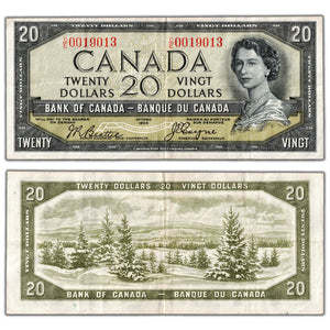 SOLD $20 1954 Bank of Canada Note Devil Face C/E Prefix BC-33b - VF